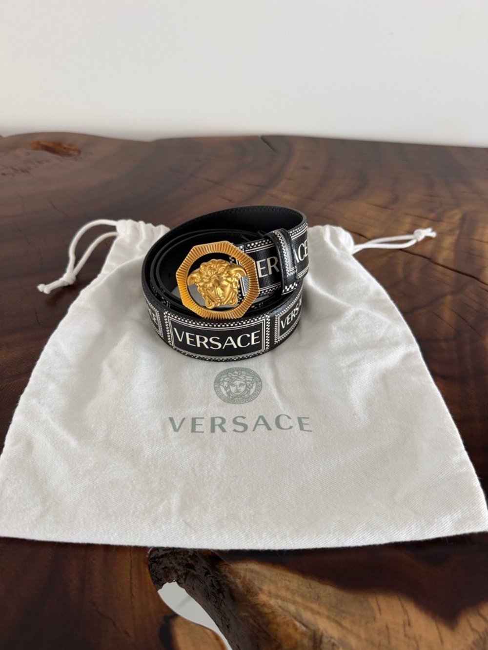 Versace Black Leather Logo Strap Belt with Gold Medusa Buckle